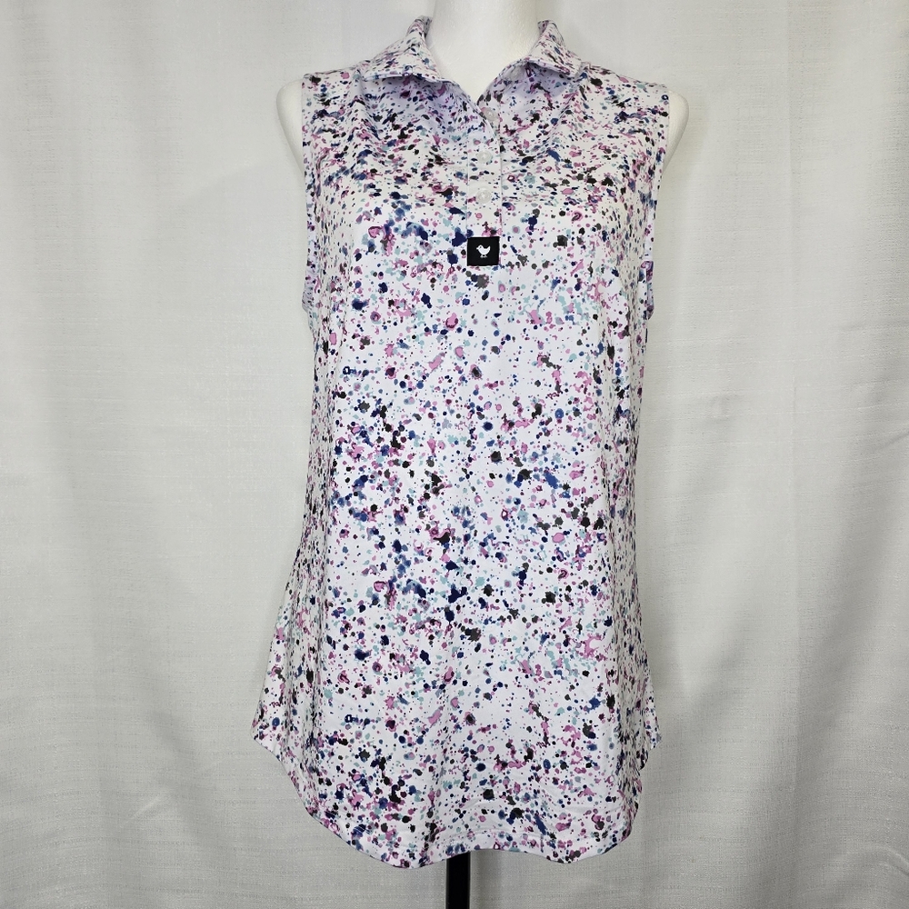 Bad Birdie Sleeveless Collared Golf Polo in White Multi Splatter - Picture 4 of 16